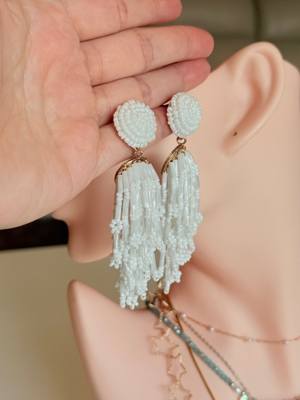 White Beaded Tassel Drop Earrings - Picture 11 of 12
